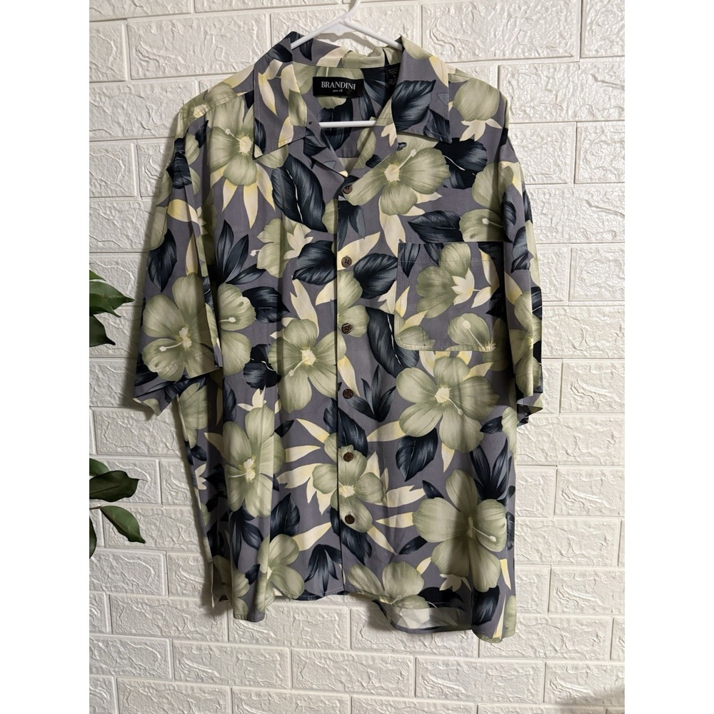 Brandini Mens 100% Silk Floral Short Sleeve Button Down Shirt XL Multicolor